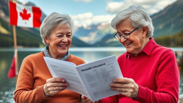 Senior couple reviewing health insurance by lake in Canada.