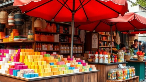 Handmade soaps and cosmetics at Torba Market Doha, colorful stall display.