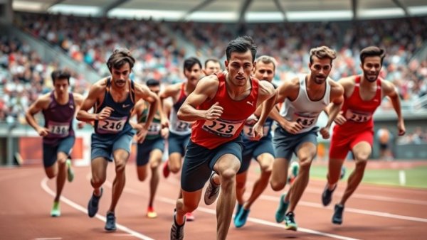 NCAA Men's Track and Field athletes sprinting with intense focus.