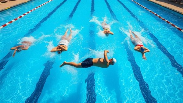 Competitive swimmers diving into the pool for a 50M freestyle race.