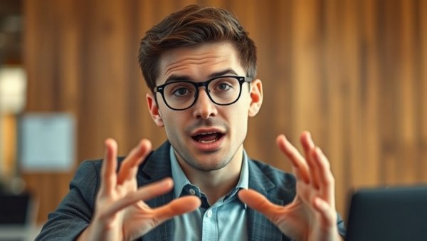Young man discussing plans, emphasizing a point indoors.