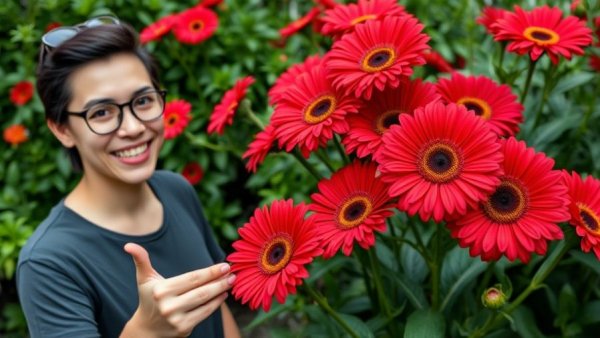 Winter hardy Gerbera daisies in a lush garden with vibrant red blooms.