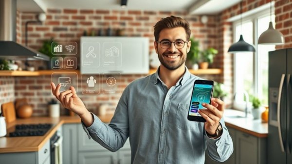 Home automation concept presented by a smiling man in a modern kitchen.