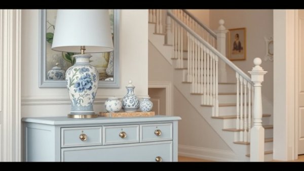Summer decorating ideas in a cozy foyer with blue accents.