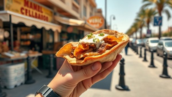 Hand holding Camel Shawarma outside market in Qatar, sunny day.