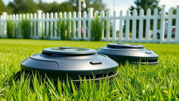 Robotic mowers working on wet grass near a white fence.