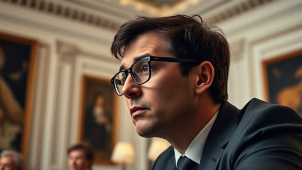 Thoughtful man discussing passport prices, elegant interior setting.