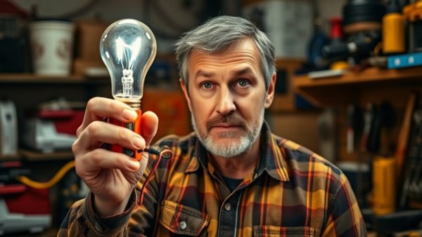 Man demonstrating powering a 230v light using a power tool battery in workshop.