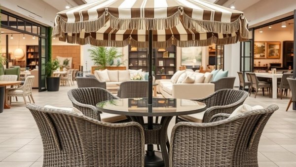 Wayfair Atlanta store patio display with chairs and an umbrella.
