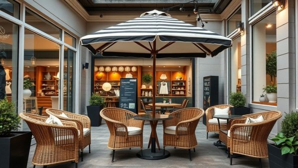 Wayfair Atlanta Store patio setup under striped umbrella