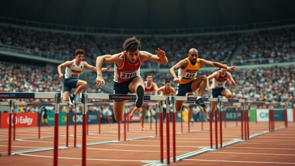 Hurdling technique demonstration in a dynamic race.