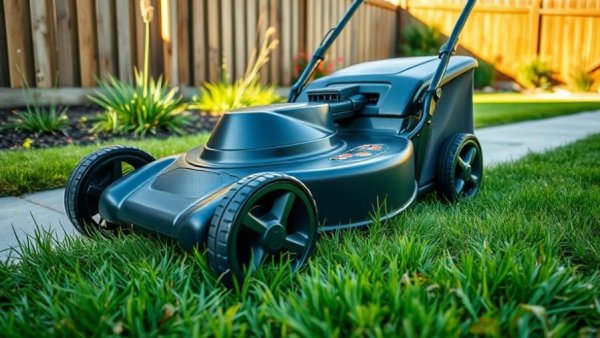 Lawn mower near grass and sidewalk in backyard sunlight.