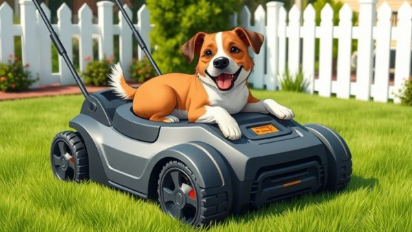 Dog on robotic mower in sunny garden, best time to mow your grass.