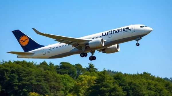 Lufthansa airplane in flight over green landscape, clear sky.