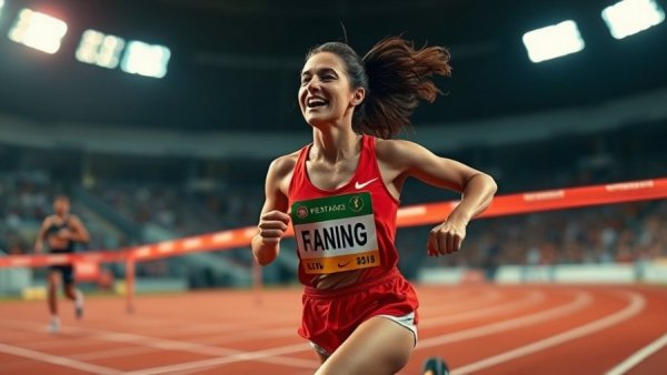 Female runner winning race in American distance running event.