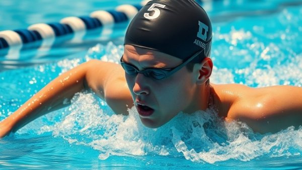Swimmer practicing breathing exercises to reduce fatigue in a vivid blue pool.