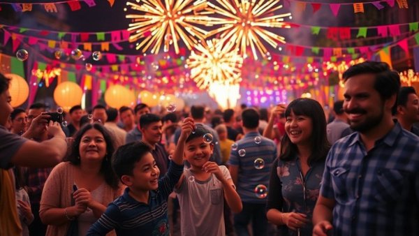 Eid al-Adha celebrations in Qatar with joyful crowd and festive lights.