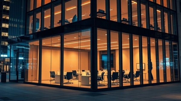 Modern office building in NJ at night, highlighting career opportunities without U.S. credit history.