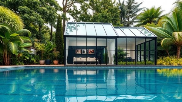 Modern glasshouse with pool in adaptive living space