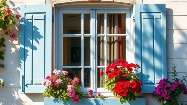 Vibrant summer home decor with flowers on light blue shuttered window.