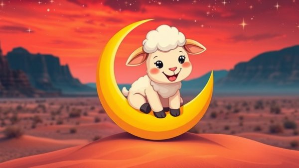 Eid Al Adha 2026 greeting with cartoon sheep on a crescent moon.