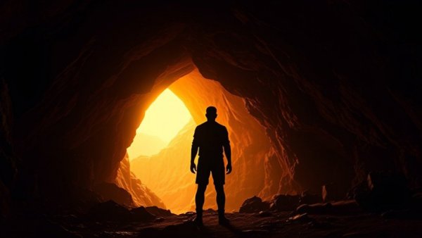 Silhouette at bright cave entrance, exploring personal grief rituals.
