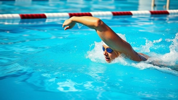 Swimmer demonstrating elbow position during stroke recovery in pool.