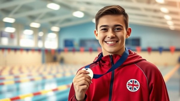 Young athlete with medal at Mare Nostrum Series Barcelona pool.