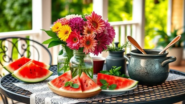 Vibrant summer decor with flowers and watermelon on table.