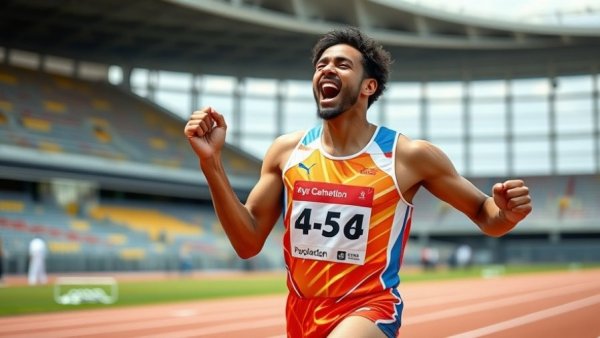 Male sprinter celebrating on track, America's Fastest Man 100M Clock.