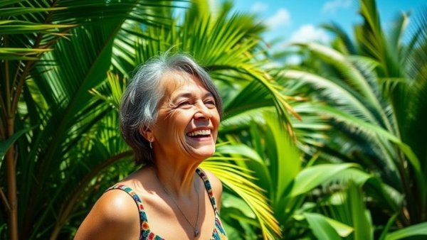 Retirement in Belize: happy woman with tropical home, lush setting.