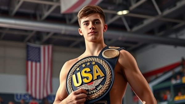 U23 World Team aspirations: Young male athlete with championship belt at USA Wrestling event.
