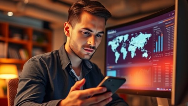 Young businessman analyzing online trading accounts on phone and computer.