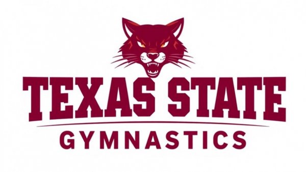 Texas State Gymnastics logo featuring a maroon bobcat head.