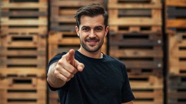 Man pointing with expert moving tips message, wooden backdrop.