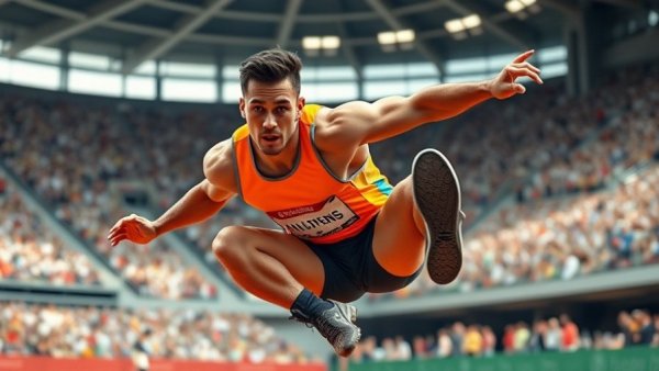Athlete at Götzis Multis competition mid-jump in a stadium.