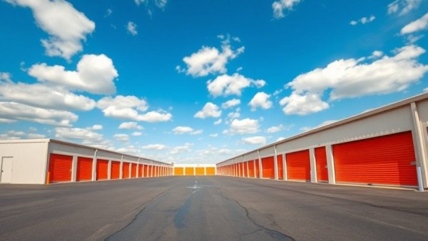 Self-storage investment opportunities with large orange storage doors.
