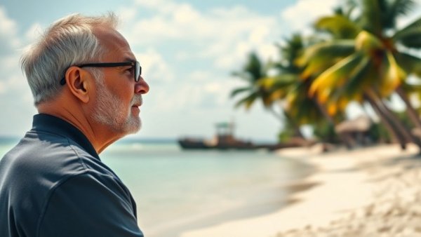 Retire on $1000 a month in a tropical paradise, beach scene with man.