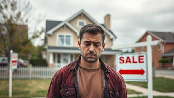 Frustrated man with unsold house sign, symbolizing housing market flipped against sellers.