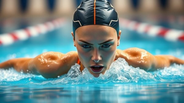 Female swimmer performing breaststroke, focused and determined.