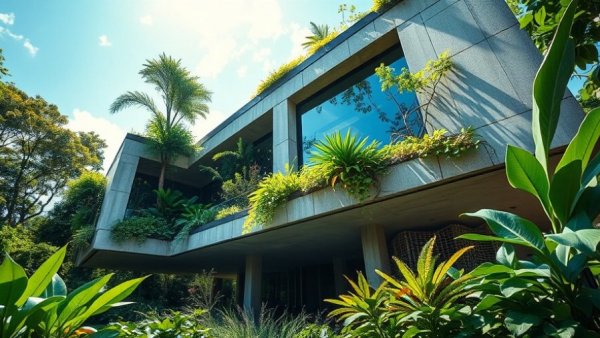 Eco-friendly concrete house design with lush greenery.