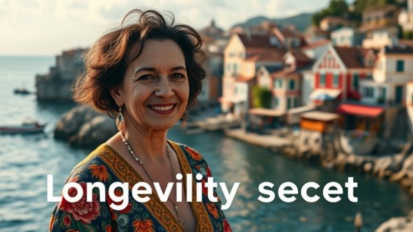 Smiling woman discusses longevity in scenic village setting.