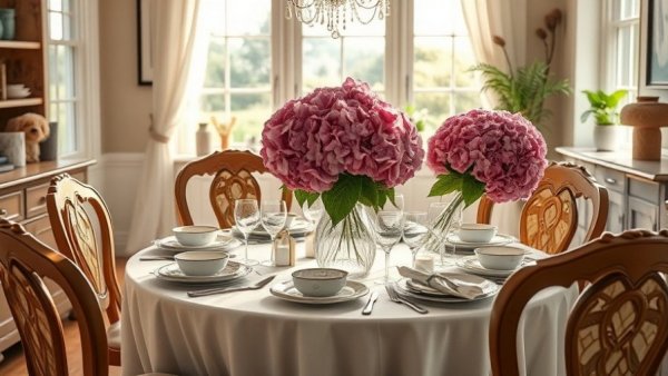 Elegant dining table with fresh hydrangeas centerpiece, cozy home.