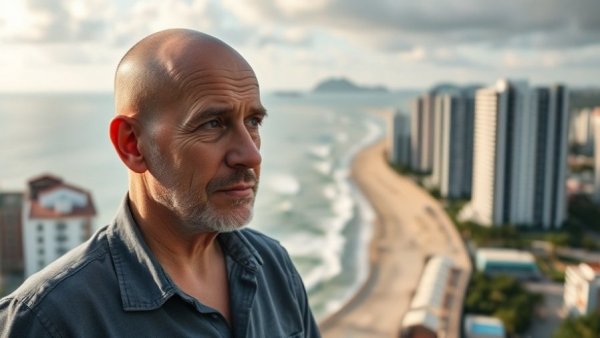 Thoughtful man contemplates Hua Hin retirement challenges by the beach.