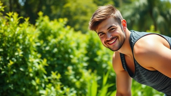 Young man encouraging dynamic workouts, vibrant outdoor setting.