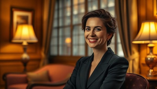 Elegant woman smiling in a cozy, warmly lit room.