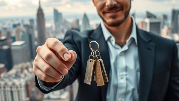 Confident person with keys and city backgrounds, linking to investing in agricultural land.