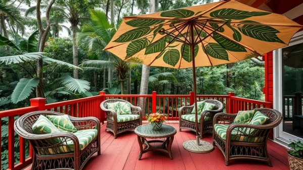 Vibrant tropical deck setup with leafy umbrella and cozy seating.