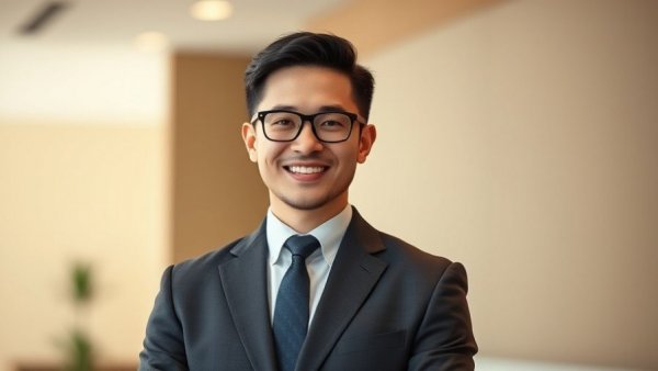 Confident individual in a suit with text overlay.