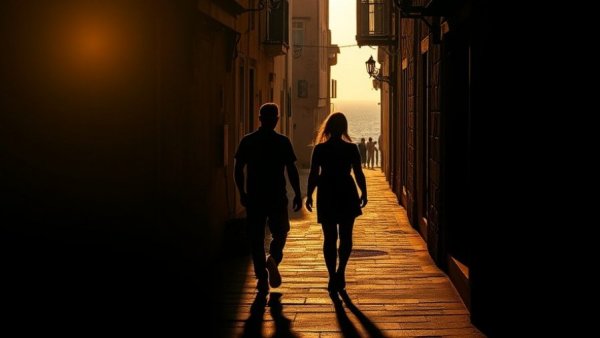Expat parenting experience depicted with figures walking into sunset.
